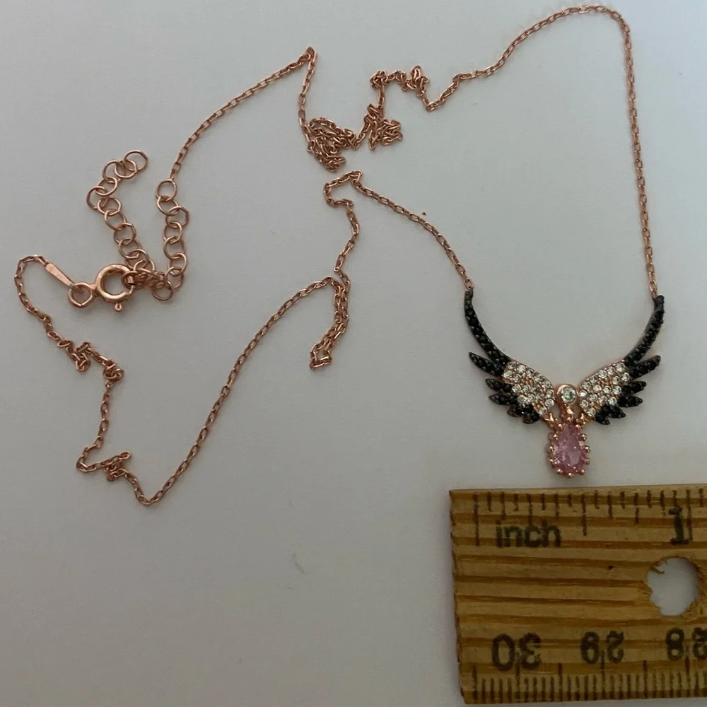 925 Silver angel wing necklace cz 14k rose gold plated with big pink stone wings